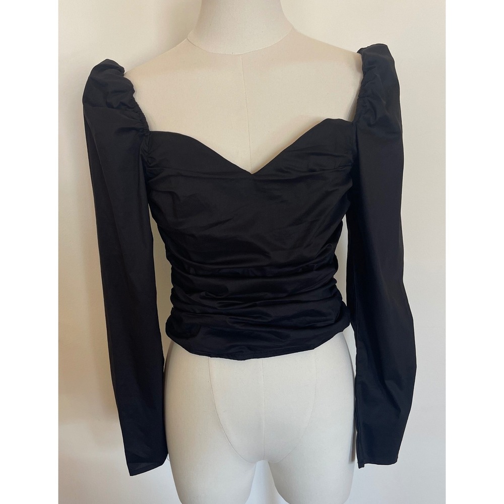 NWT Astr The Label Sweat Heart Neck Ruched Puffy Long Sleeve Black Party Top